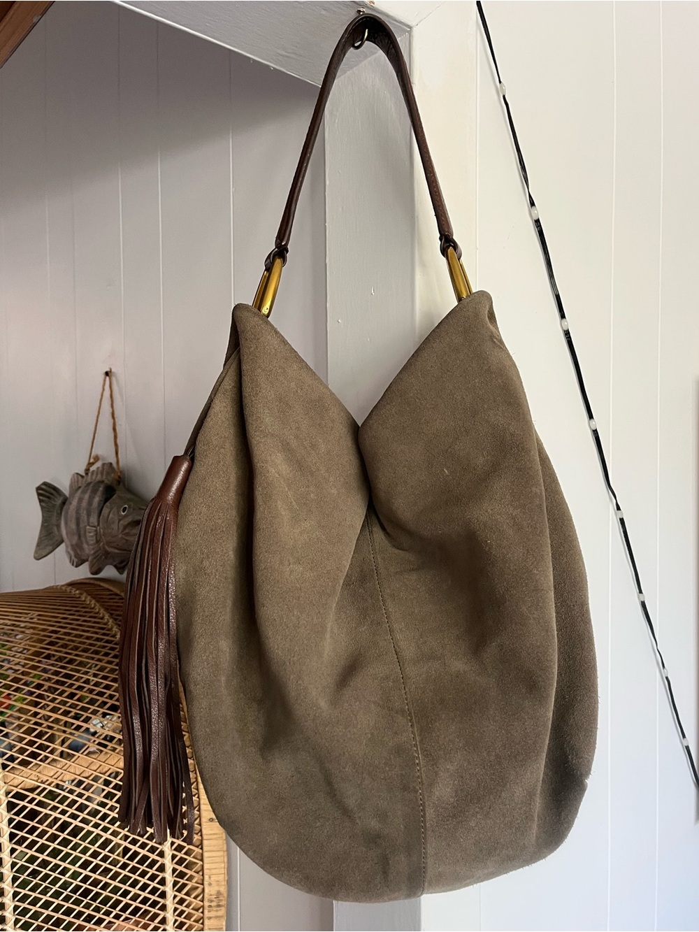 Hobo Slouchy Suede Leather Shoulder Bag Fringe Tassel Charm Mushroom Taupe Purse